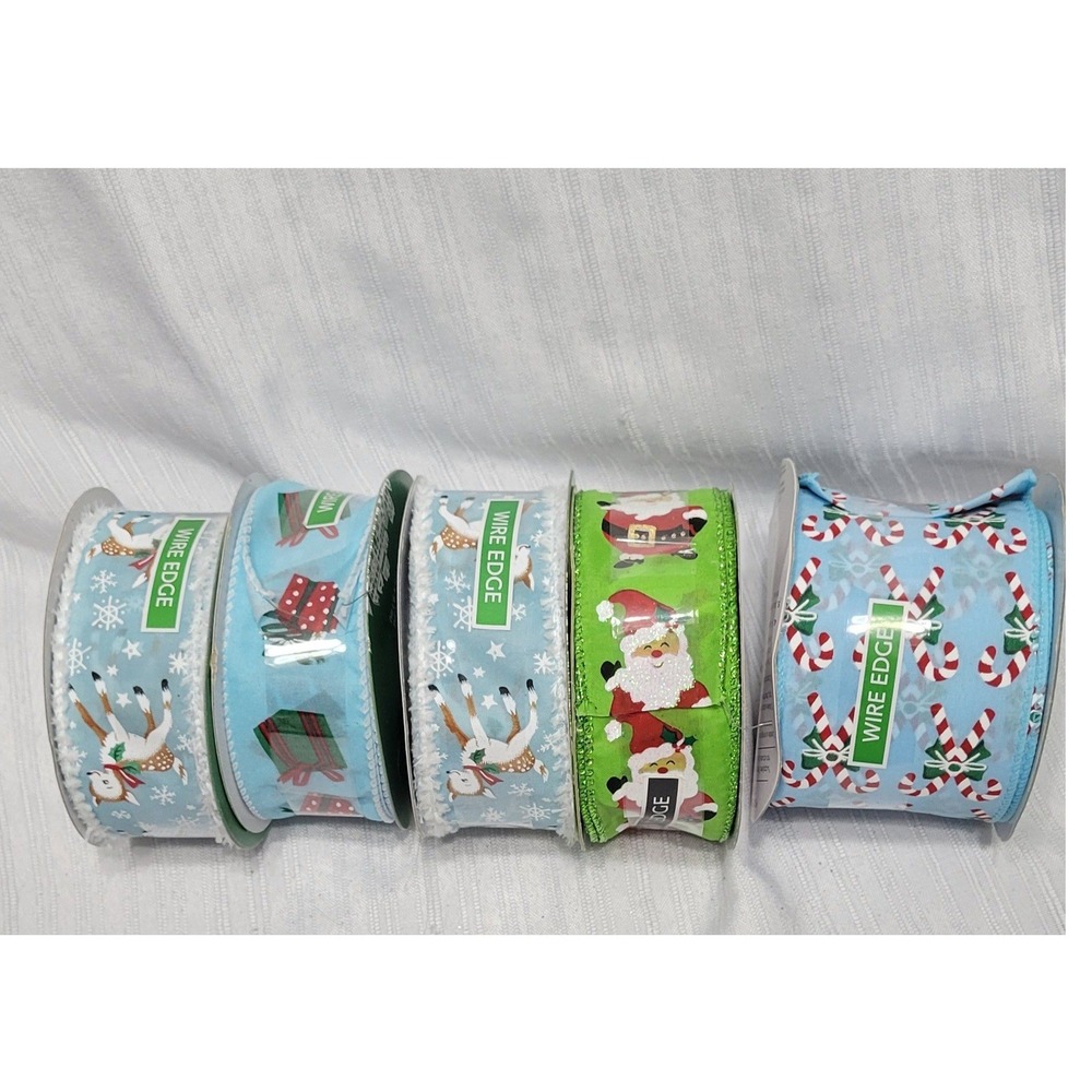 Christmas Wire Edge Ribbon Bundle 5 Spools Santa Reindeer Candy Cane Holiday